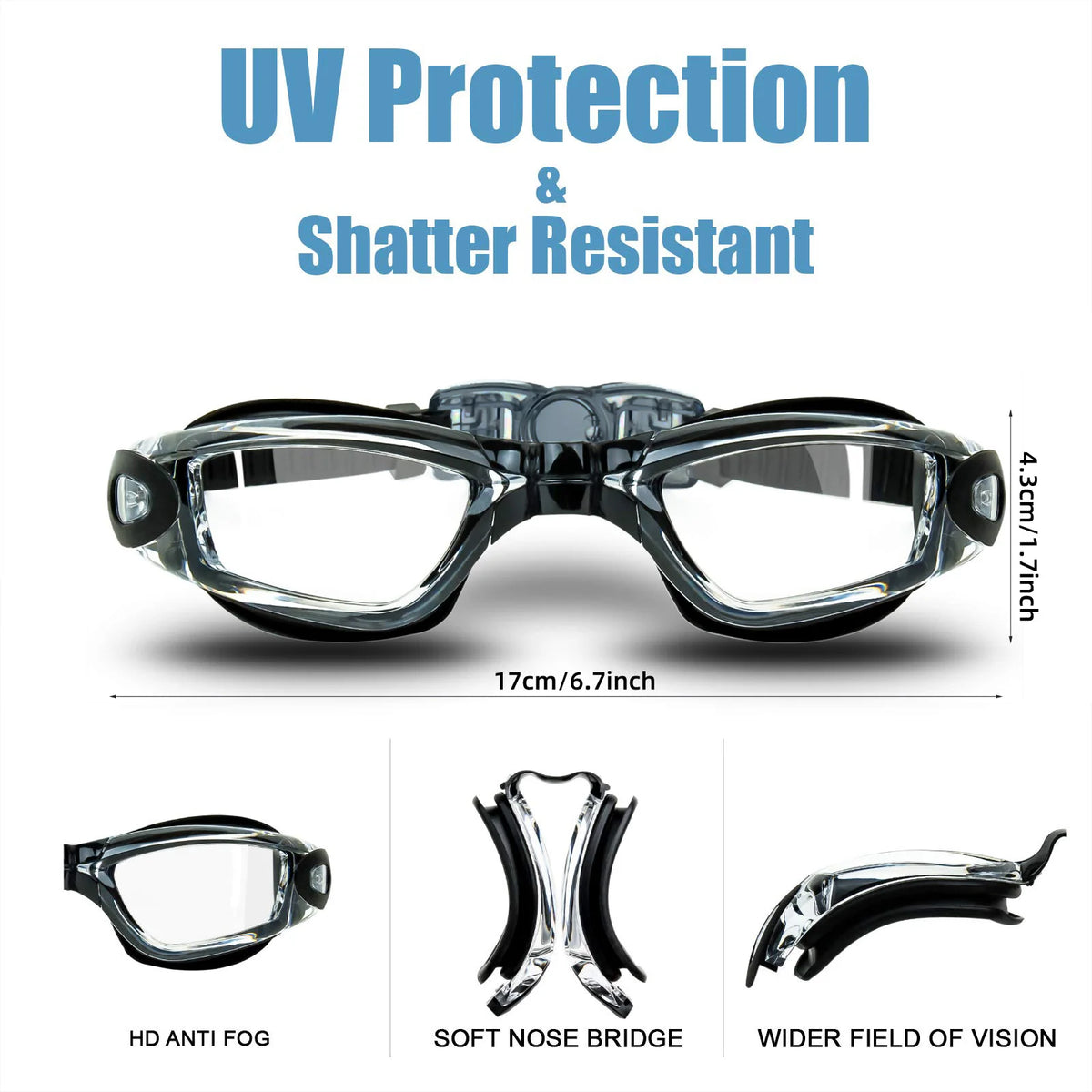 Clear plastic swimming goggles with a black frame and soft nose bridge