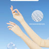 Light beige ice silk arm sleeves being held, with ice cubes in the background.