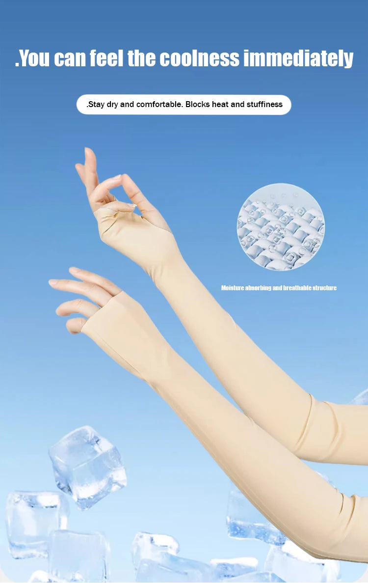 Light beige ice silk arm sleeves being held, with ice cubes in the background.