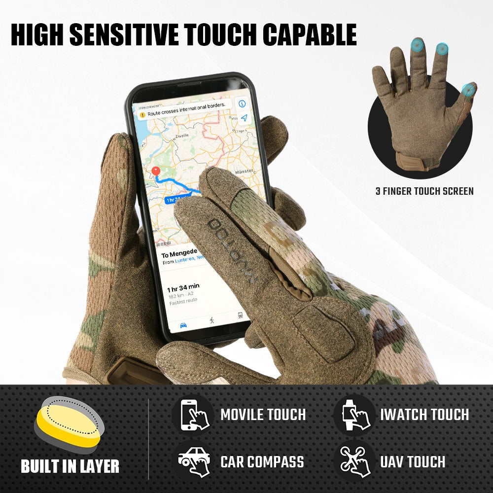 Tactical full finger combat gloves with a 3 finger touch screen and built-in layer features