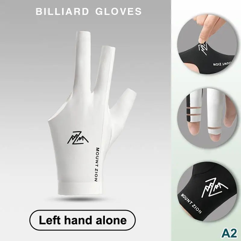 White billiard gloves shown from above, with a close-up of the left hand alone.