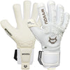 A pair of white and gray high-performance goalkeeper gloves with finger protection shown against a white background.