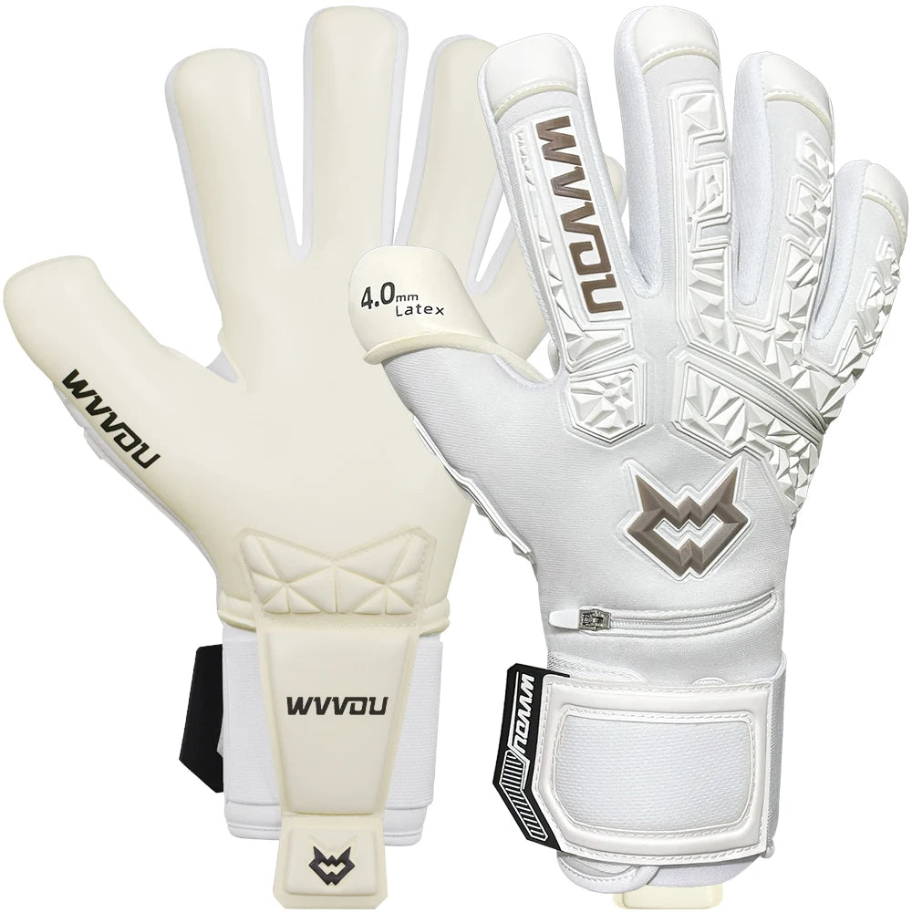 A pair of white and gray high-performance goalkeeper gloves with finger protection shown against a white background.