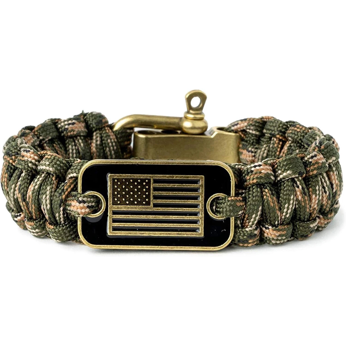 A tactical paracord survival bracelet with a bronze American flag charm and brass clasp.