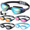 A collection of professional anti-fog swimming goggles in various colors and styles.