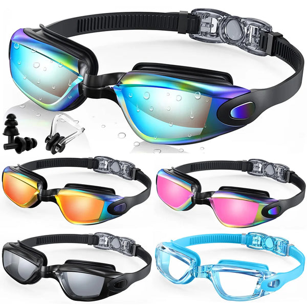 A collection of professional anti-fog swimming goggles in various colors and styles.