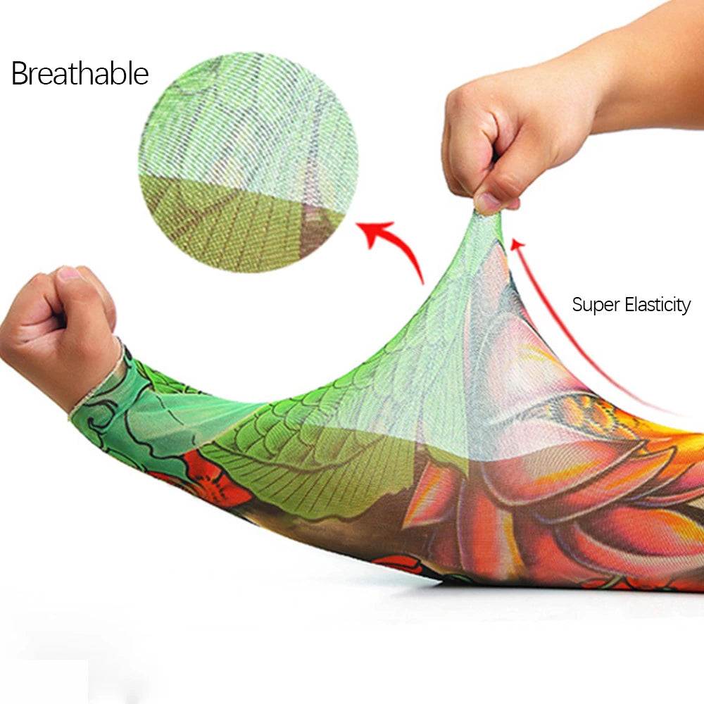 Green and orange tattoo arm sleeve fabric showing breathable texture and super elasticity