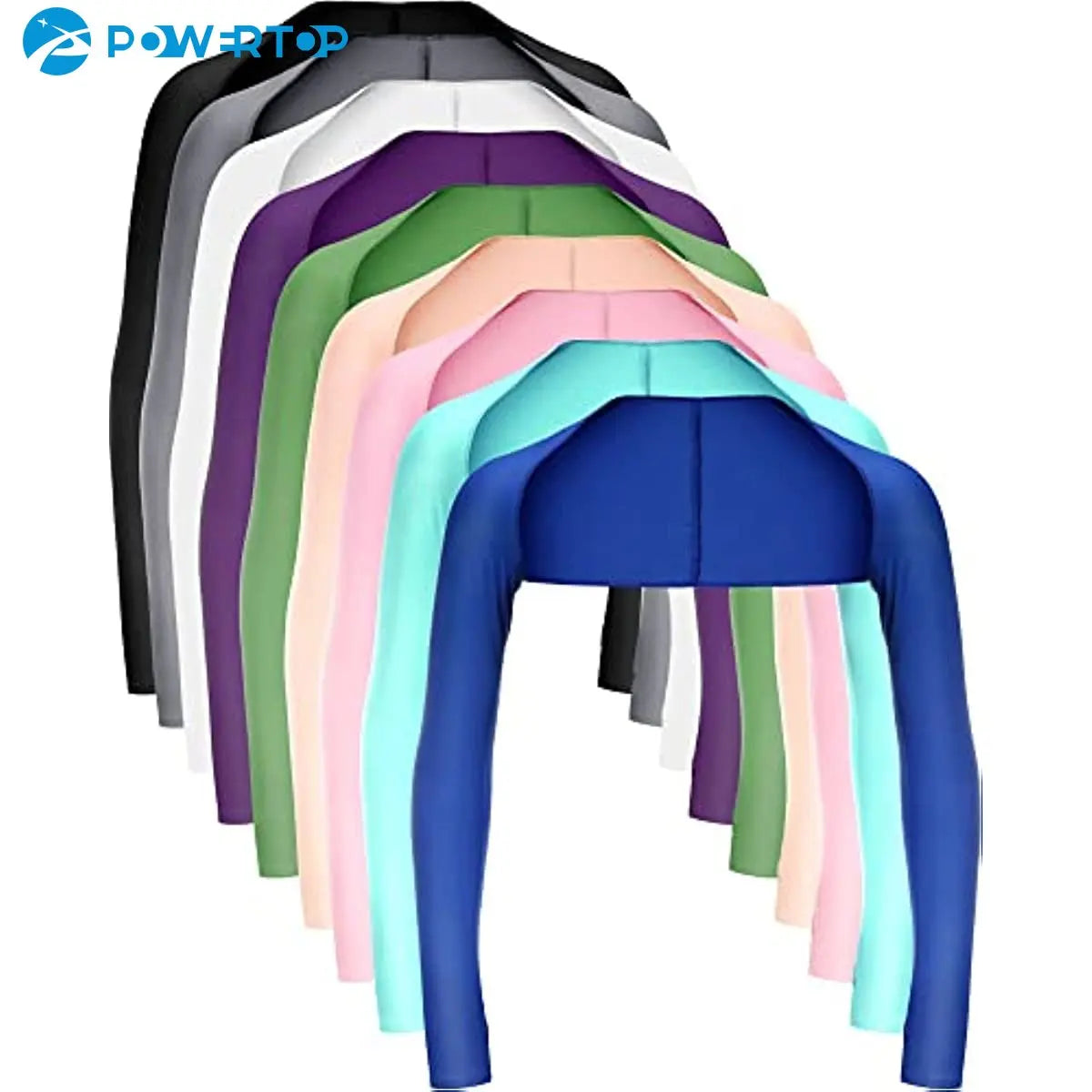 Darstellung verschiedener bunter UV-Schutz-Kühlarm-Sleeves in Fächerform.