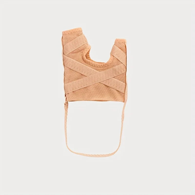A beige adjustable toe separator made of woven fabric with a wide opening.