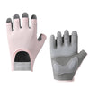 A pair of light pink cycling and workout gloves with padded fingers and a mesh backhand.