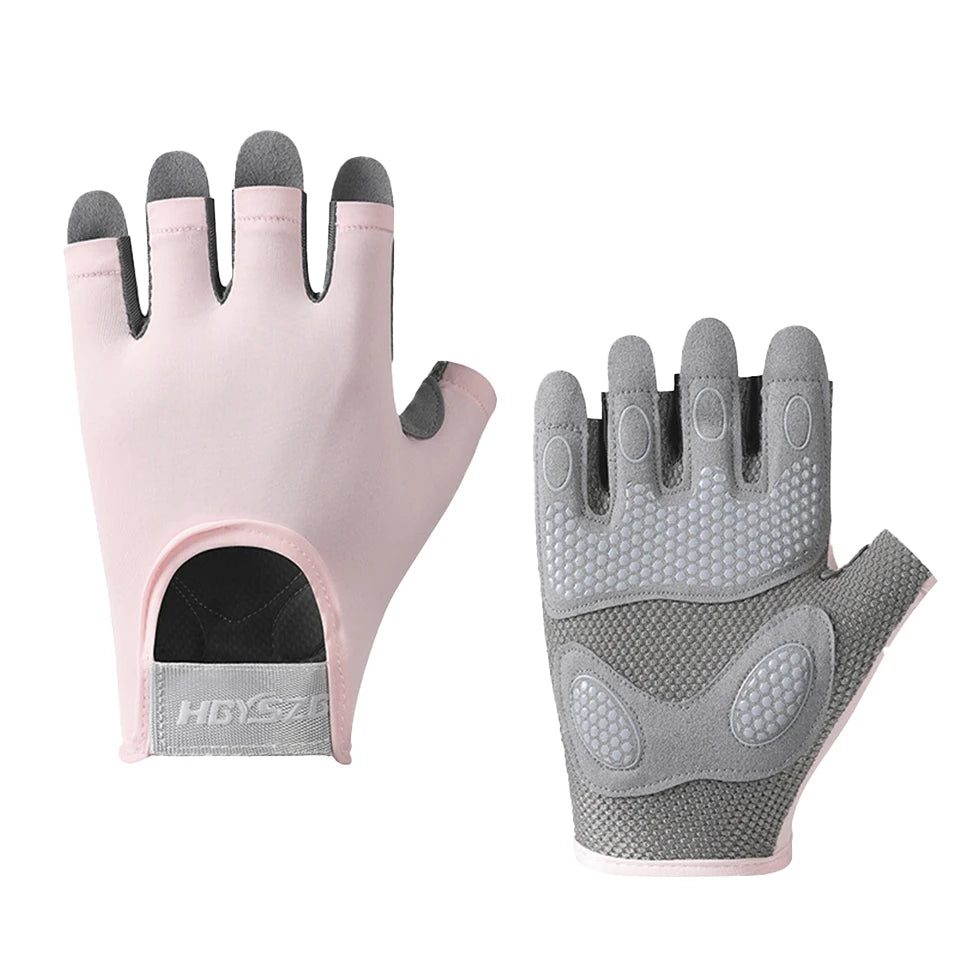 A pair of light pink cycling and workout gloves with padded fingers and a mesh backhand.