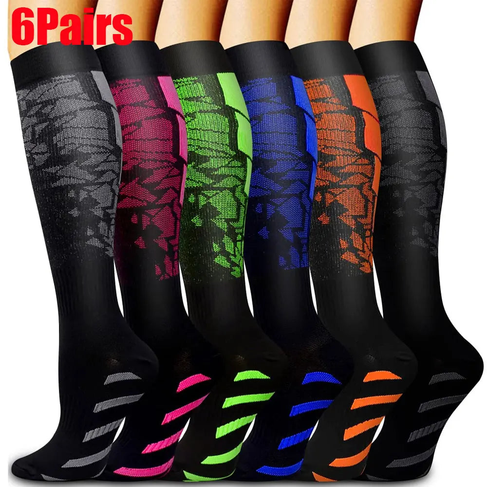A set of six pairs of multi-use sport compression socks in various colors and patterns displayed vertically.