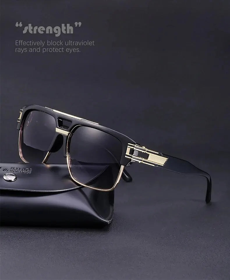 A pair of black retro square sunglasses resting on a black leather case.