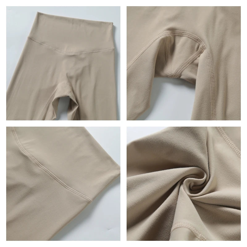 Close-up view of beige high-waist yoga leggings showing fabric texture and fit.
