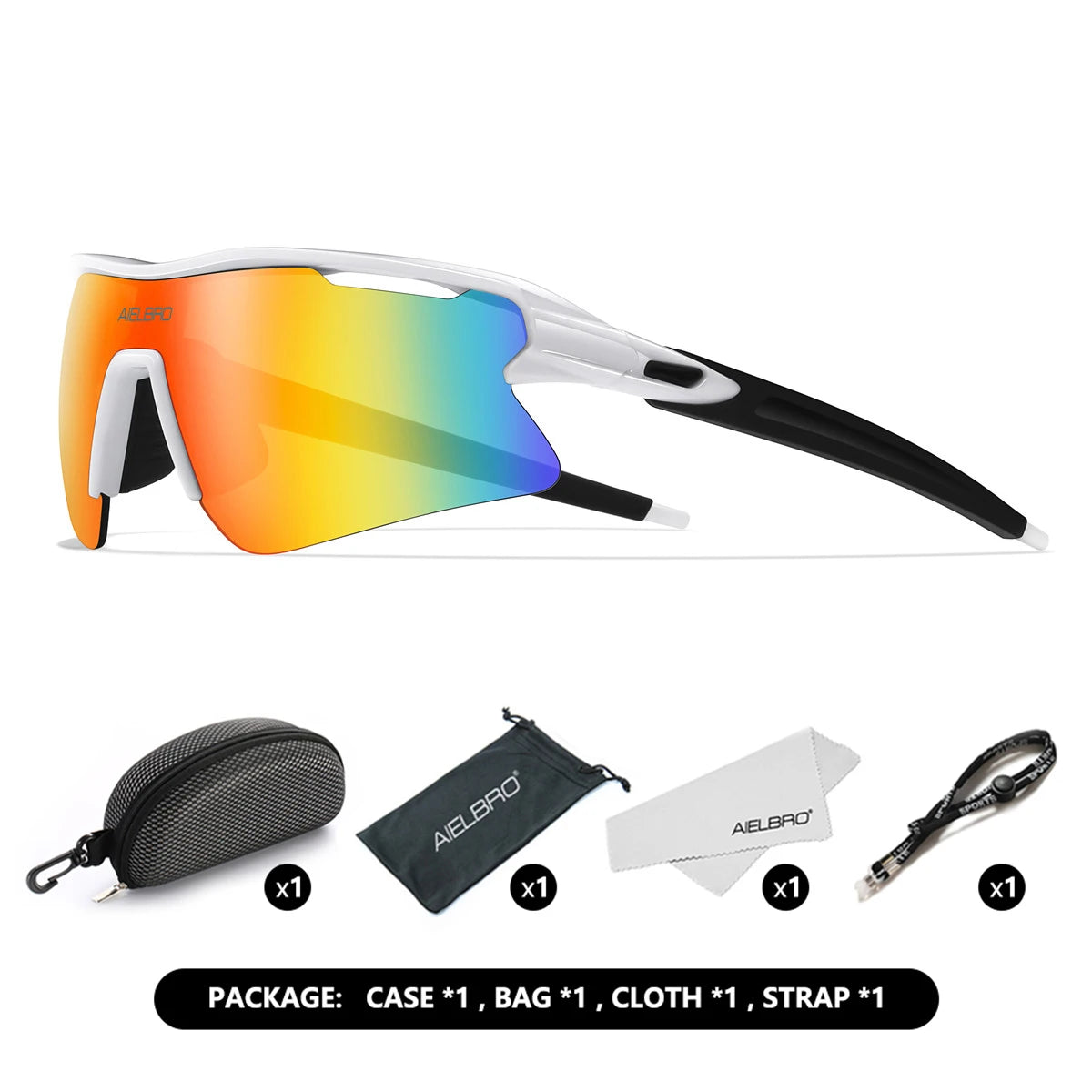 A pair of orange-tinted sports sunglasses with white frames and a black strap are shown on a white background.