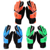 A set of five latex goalkeeper football gloves in black, orange, and green colors shown from various angles.