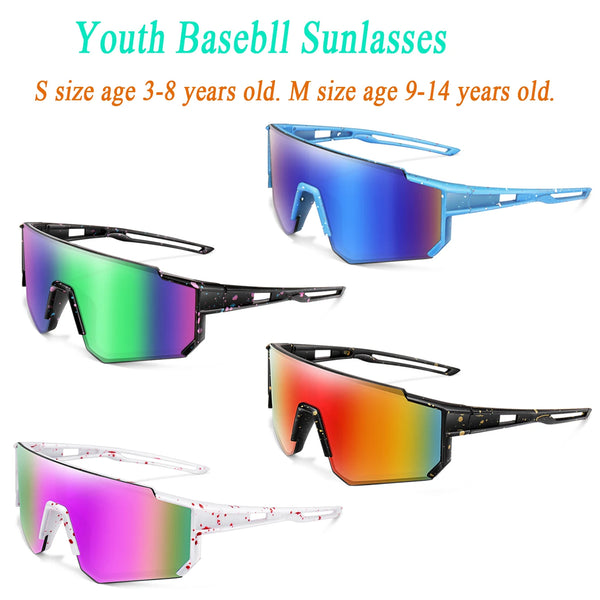 A collection of youth baseball sunglasses in various colors and sizes for children.