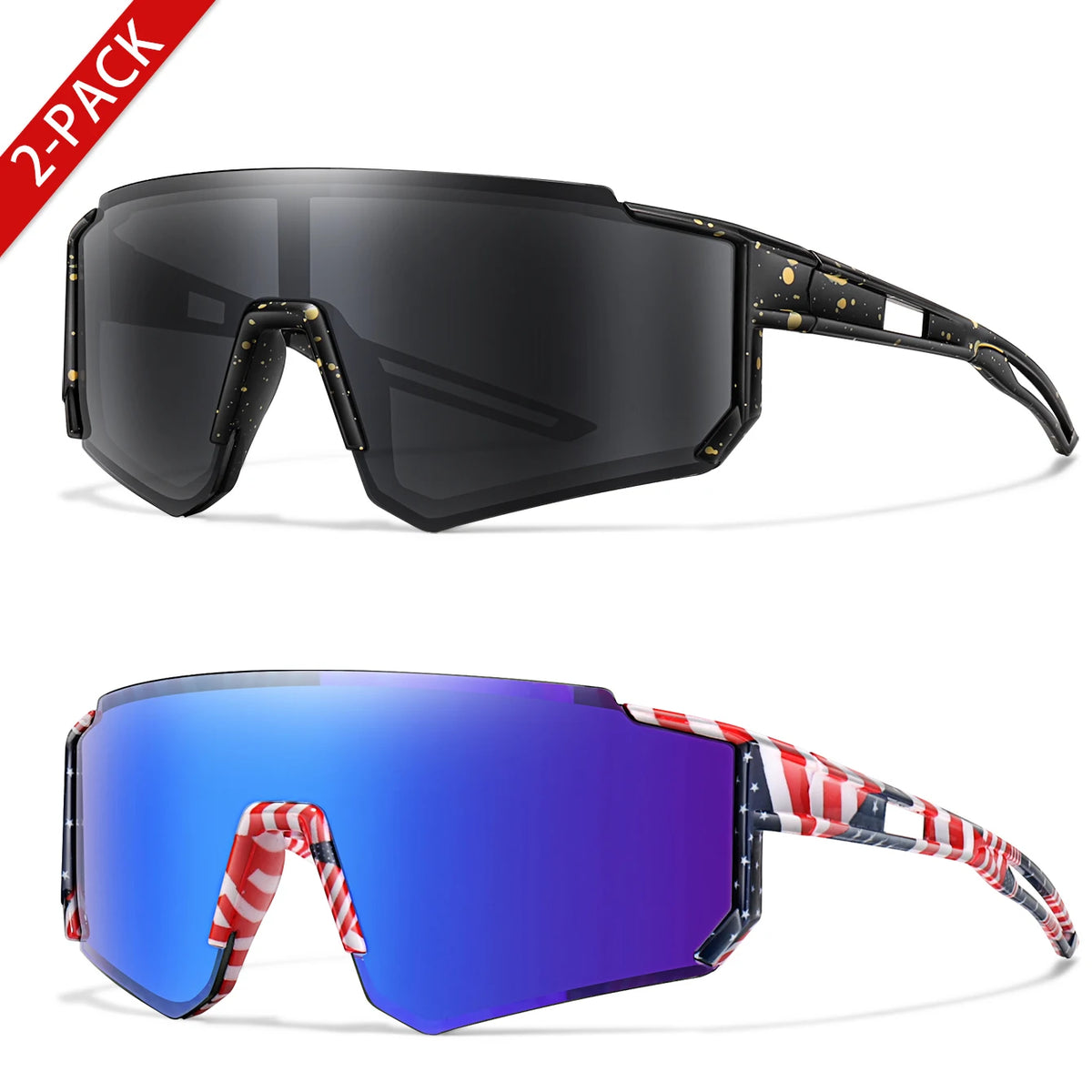 A 2-pack of youth UV400 sunglasses featuring a black square frame and a blue gradient lens with a red and white striped arm.