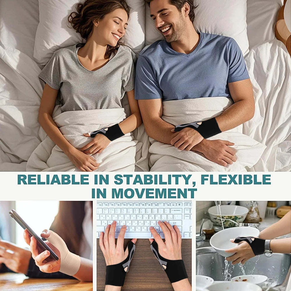 Eine Frau und ein Mann entspannen sich im Bett, tragen dual-aktive Hand- und Daumendruckverbände.