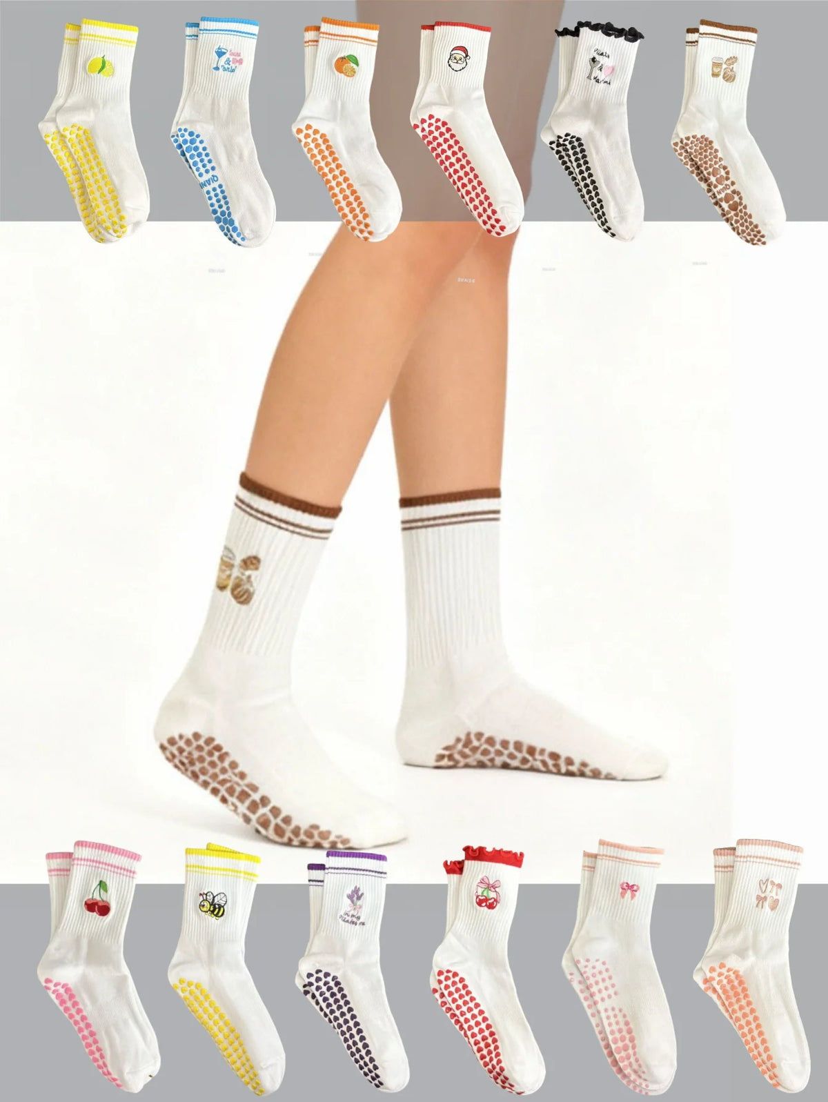 Eine Kollektion von Strick-Yoga- und Fitnesssocken für Damen in verschiedenen Farben und Mustern.