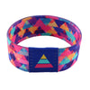 A colorful stretch wristband bracelet featuring a geometric pattern of pink, purple, orange, and blue triangles.