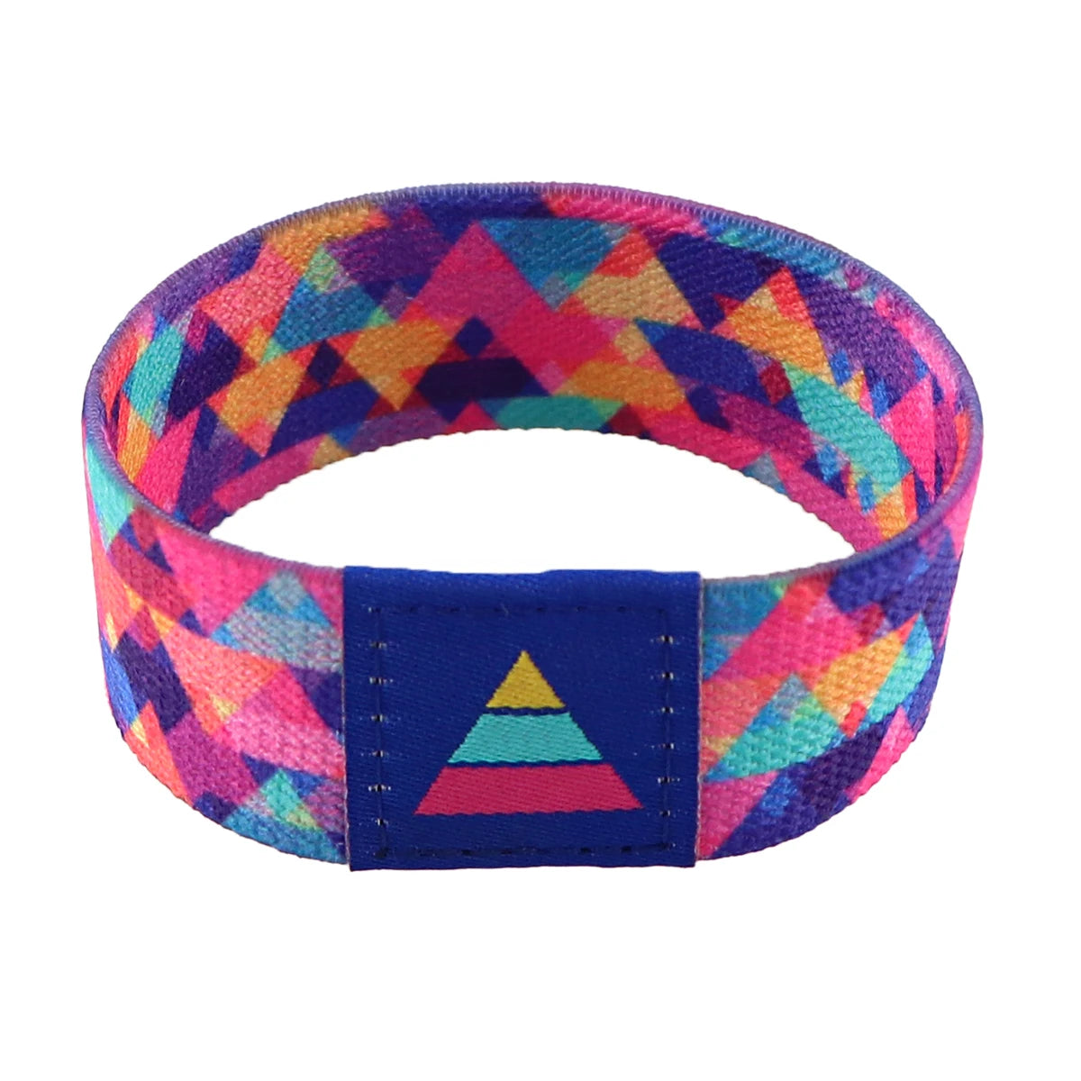 A colorful stretch wristband bracelet featuring a geometric pattern of pink, purple, orange, and blue triangles.