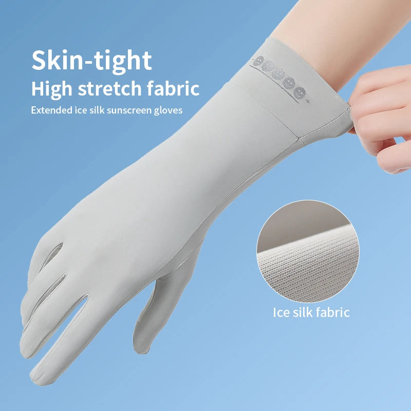 Light gray skin-tight high stretch fabric ice silk sunscreen gloves worn on a hand.