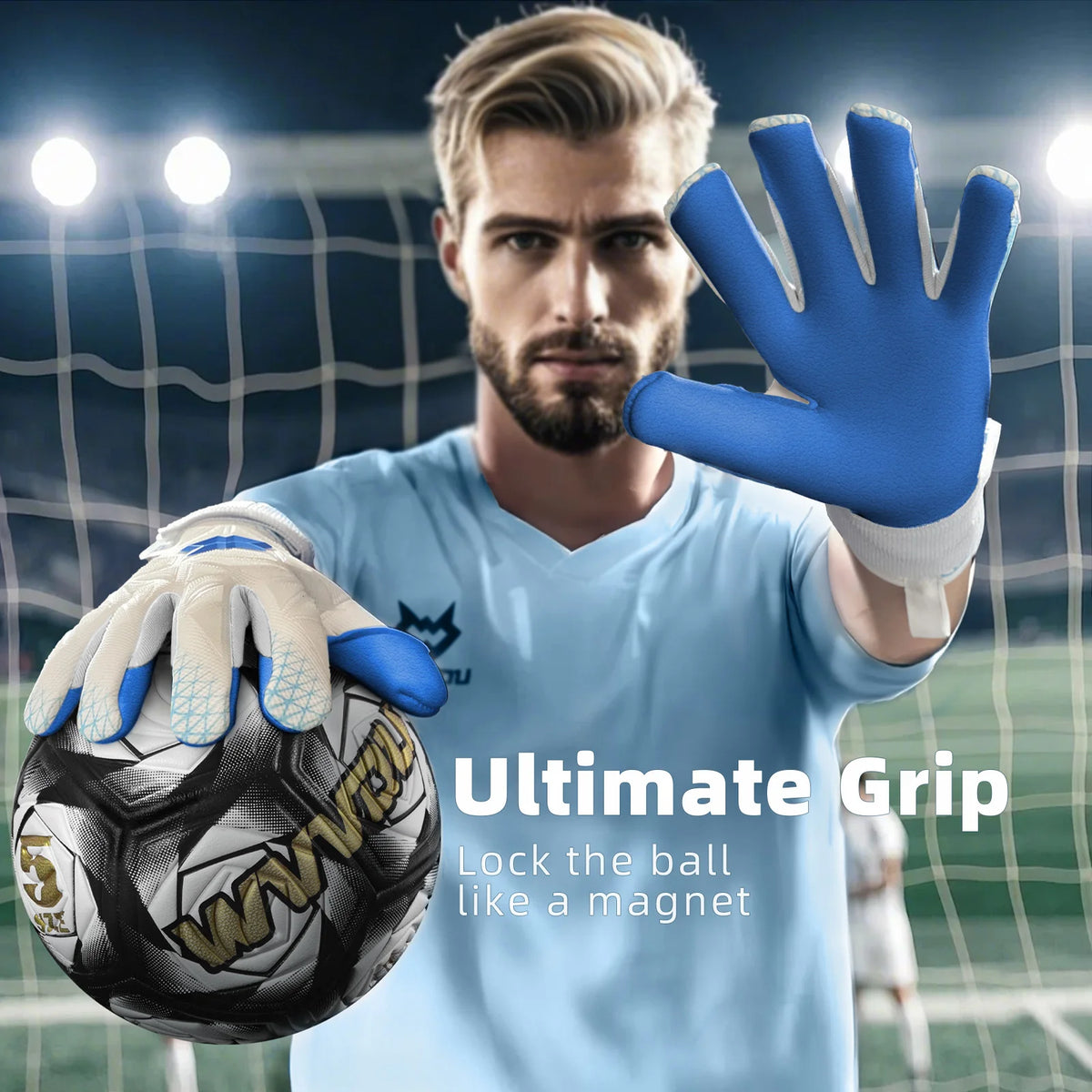 A male goalkeeper wearing blue jersey and blue gloves grips a soccer ball, demonstrating the Ultimate Grip feature.