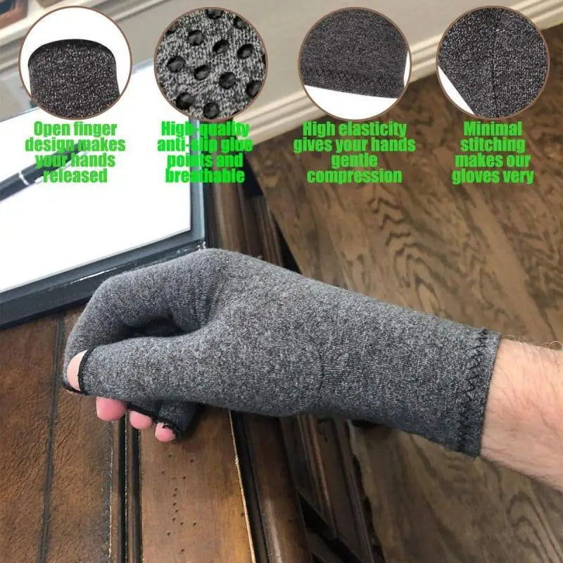 A hand wearing a gray compression glove is displayed next to informational graphics about the product features.