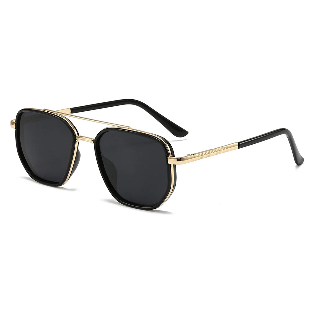 Classic pilot polarized sunglasses with black frames and dark lenses shown against a white background