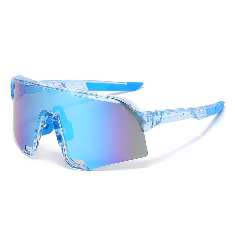 Ein Paar hellblaue modische Anti-UV-Sport-Riding-Sonnenbrillen von der Seite.