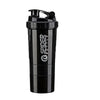 Black leak-proof protein shaker bottle with a black cap and pill tray.