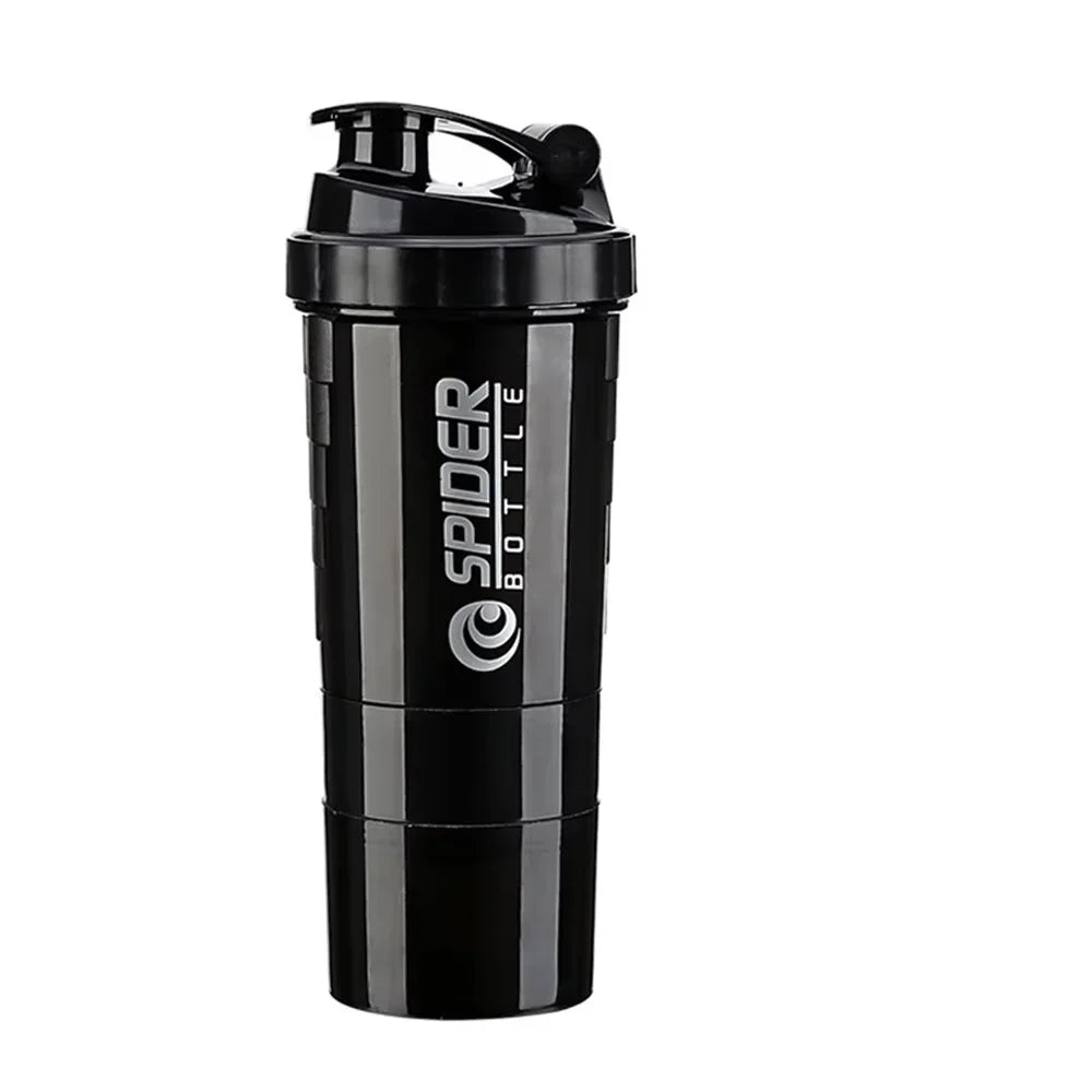 Black leak-proof protein shaker bottle with a black cap and pill tray.