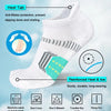 White ankle socks with a heel tab and reinforced heel and toe, showing care instructions.