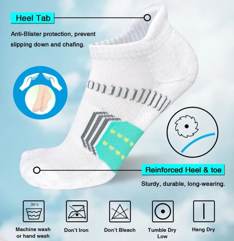White ankle socks with a heel tab and reinforced heel and toe, showing care instructions.
