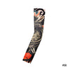 A close-up of a black and white tiger print reusable stretch tattoo arm sleeve.
