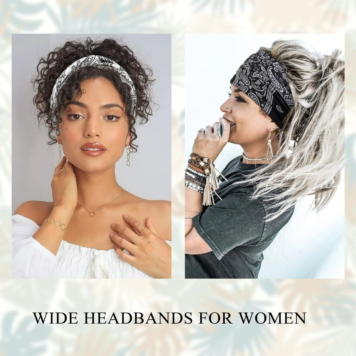 Two women modeling extra wide boho headbands for hair accessories