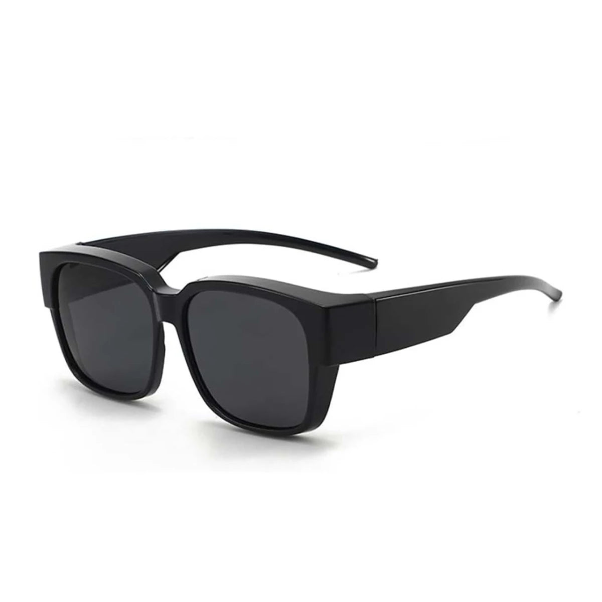 Black wrap-around sunglasses with glasses compatibility shown against a white background.