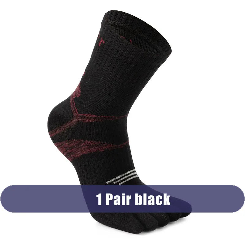 A pair of black men's sport compression socks shown from the side.