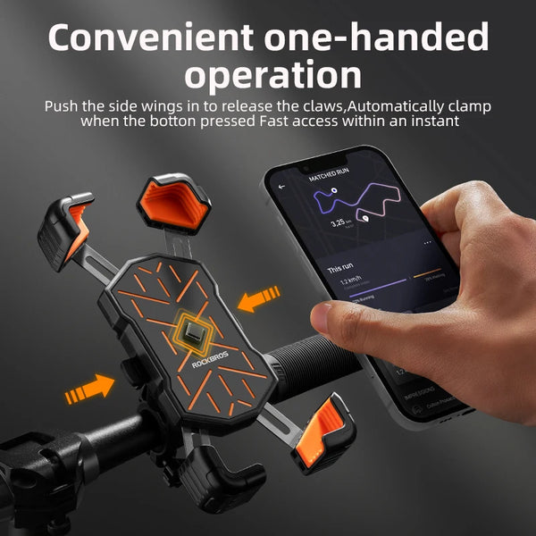 A hand is using a one-handed operation mechanism to clamp a phone onto a mount for a bike or motorcycle.