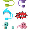 A collection of silicone straw covers in various colors including green, purple, blue, and pink.