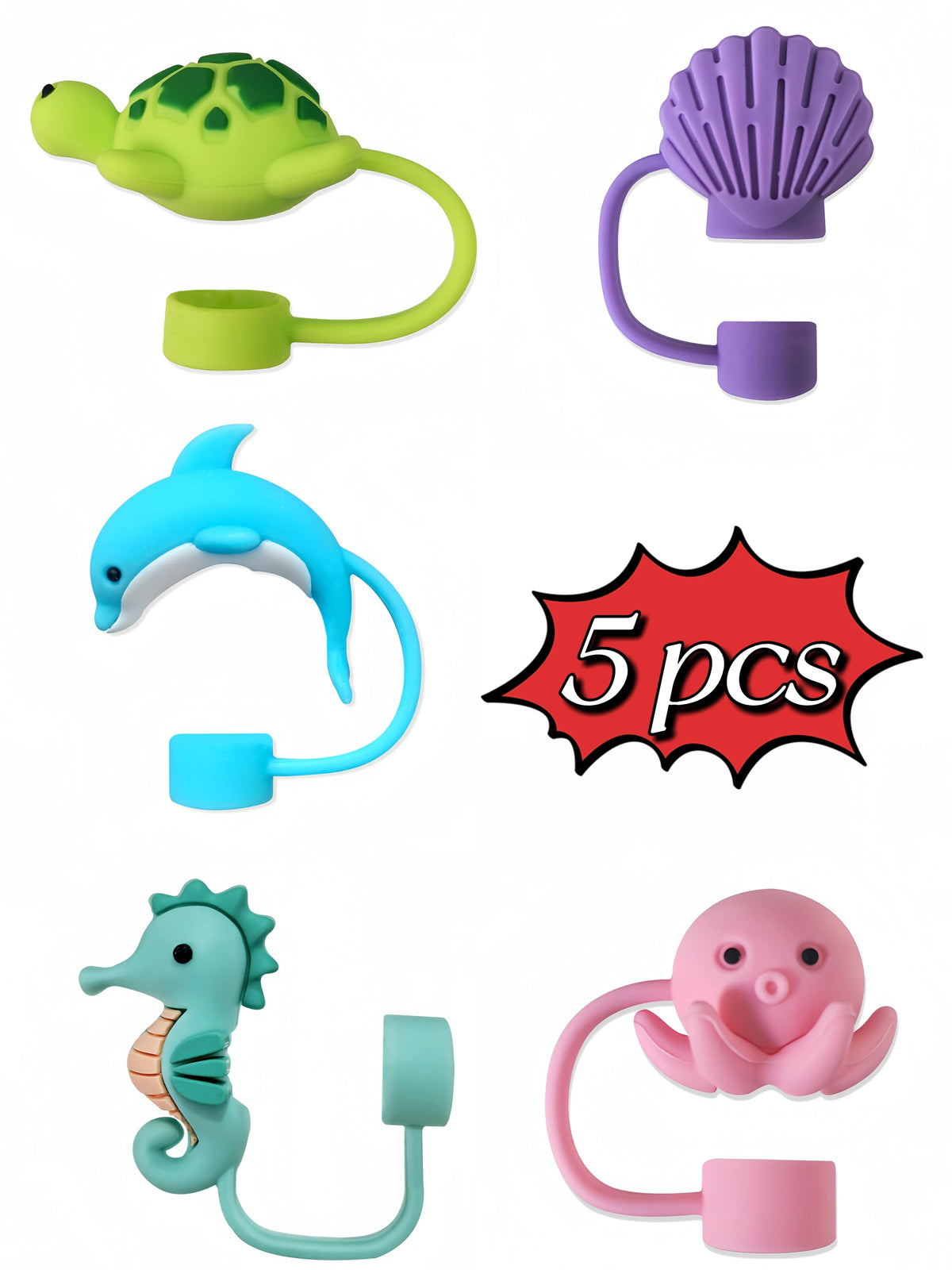 A collection of silicone straw covers in various colors including green, purple, blue, and pink.