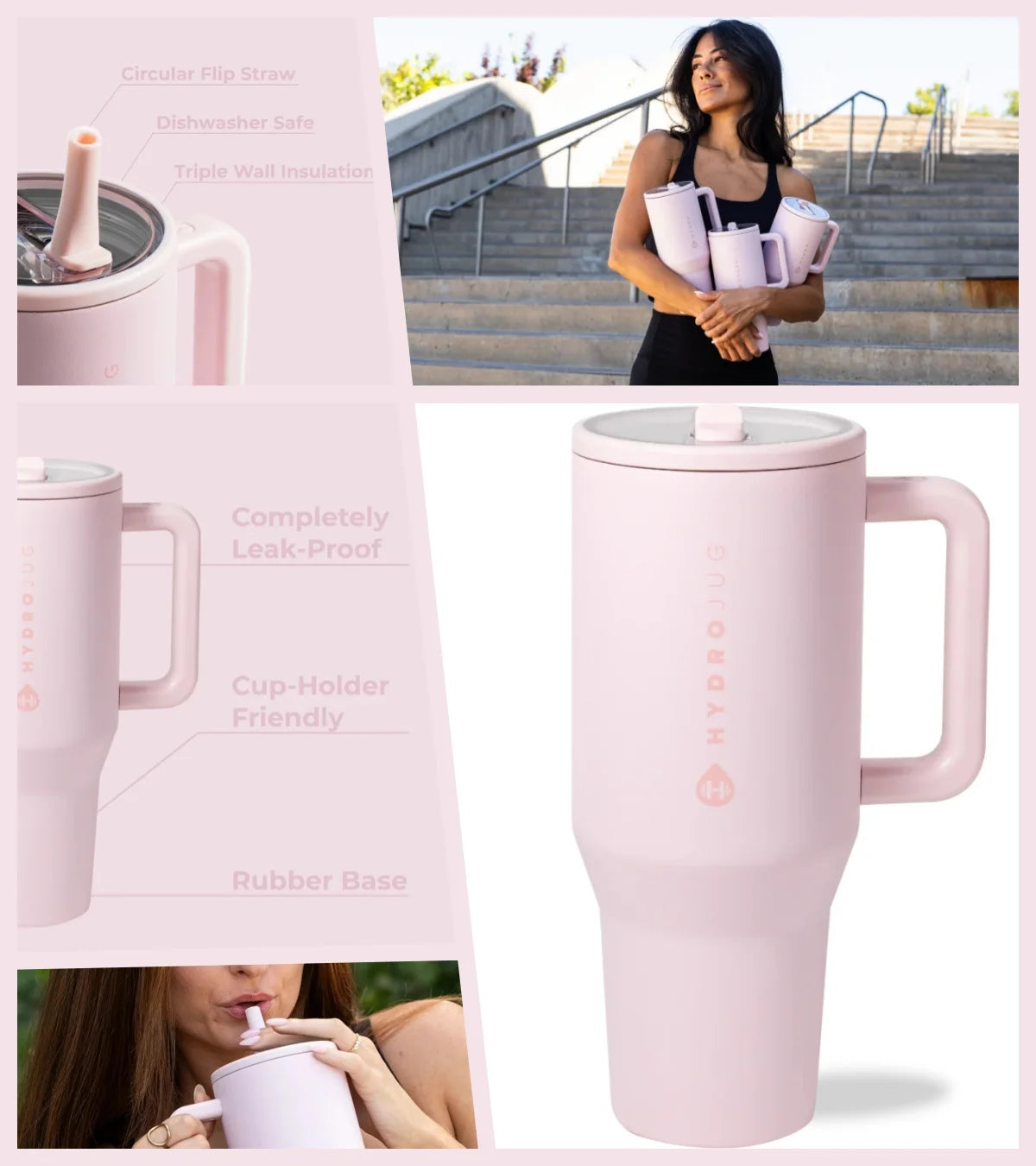 A pink insulated stainless steel water bottle with a handle and flip straw shown in various contexts.