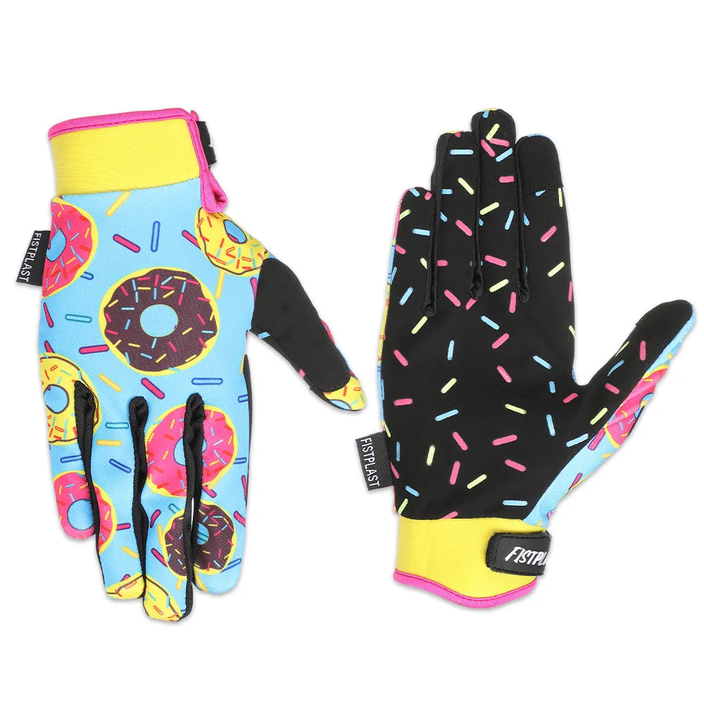 A pair of colorful full finger motocross motorcycle gloves featuring bright neon accents and a vibrant design.