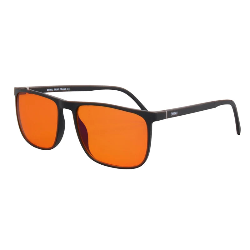 Orange tinted sunglasses with black frames