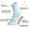 A white sports sock with features like a higher fit, moisture-wicking mesh, thickened sole, arch design, and reinforced toe.