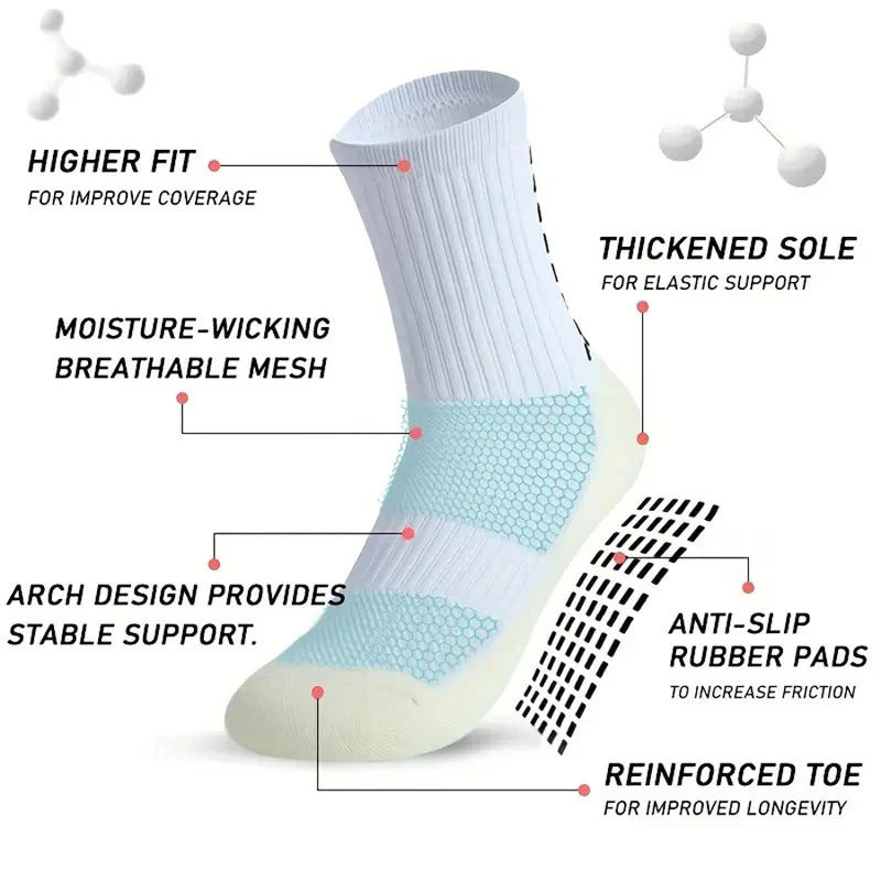A white sports sock with features like a higher fit, moisture-wicking mesh, thickened sole, arch design, and reinforced toe.