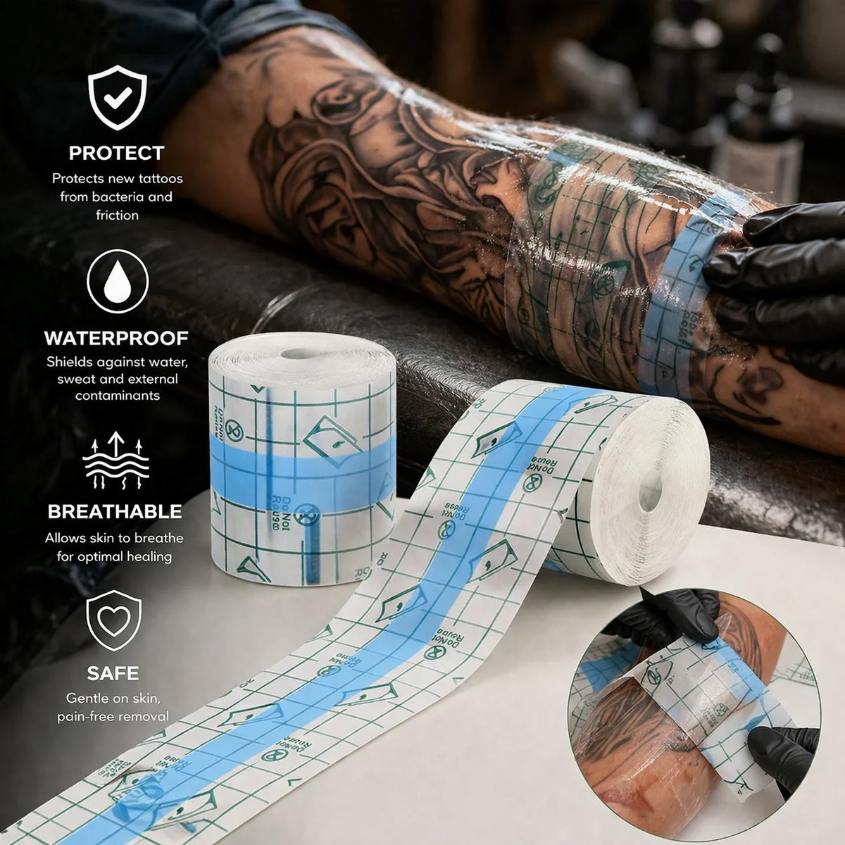 Rollfilm für wasserfeste Tattoo-Klebebinden wird auf einen Arm aufgetragen.