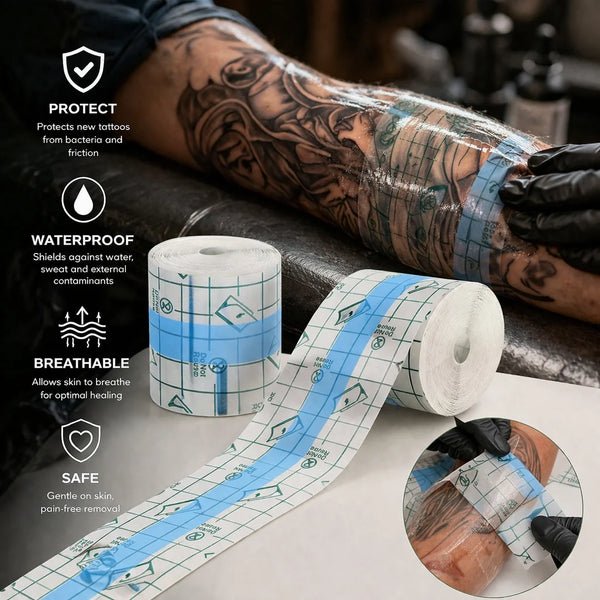 Roll of waterproof tattoo film adhesive bandages being applied to a person's arm.
