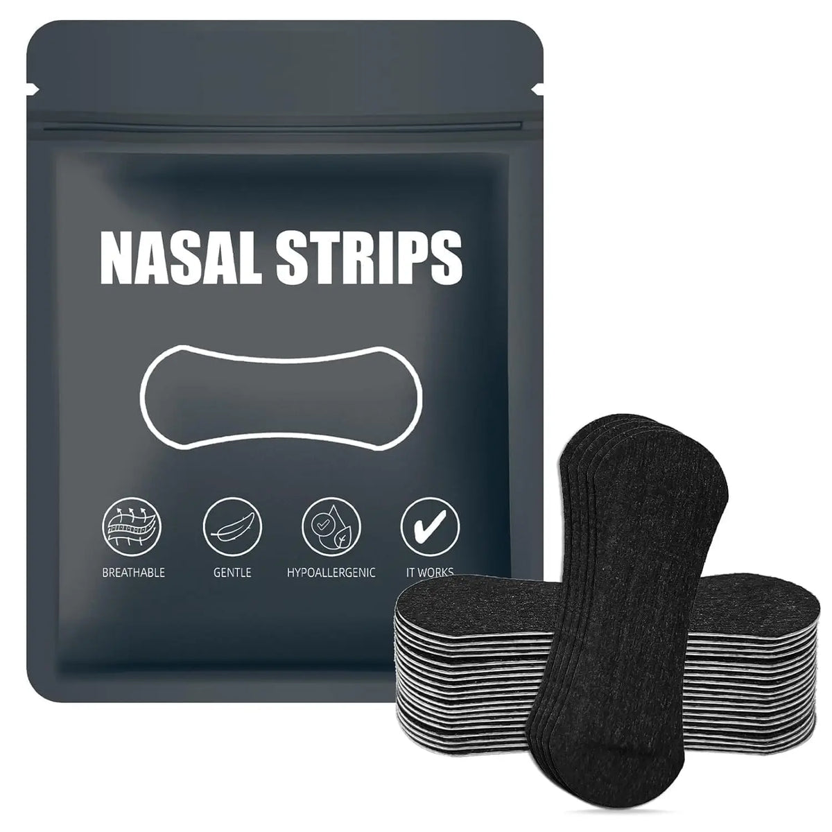 Packung schwarzer Nasenspachtel mit Etiketten für atmungsaktiv, sanft, hypoallergen und effektiv bei Nasenverstopfung.